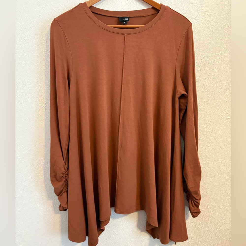 Lisa Bayne Rust Long Sleeve Ruched Tunic Top, Size Small